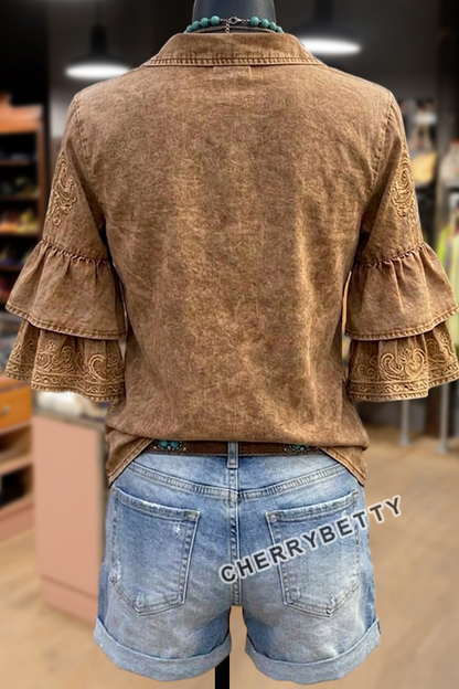 Retro Flower Embroidered Collared Ruffle Sleeve Top