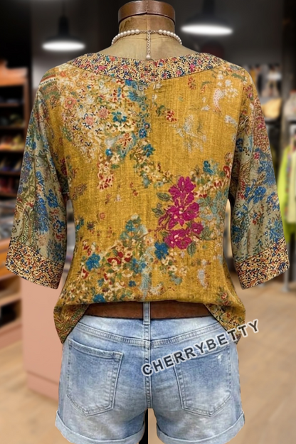Vintage Mix Floral Print V-Neck Top