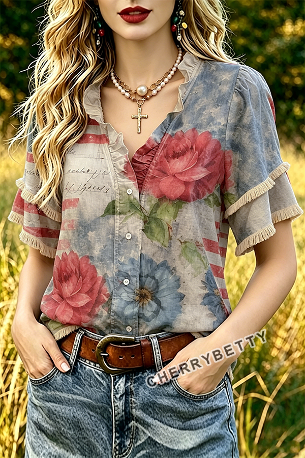 Retro American Floral Print Frayed Hem Top