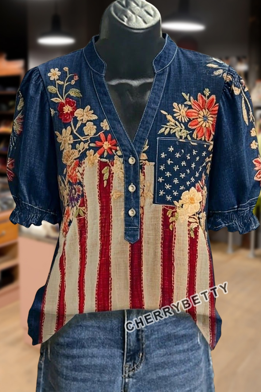 Retro Flag Print V-Neck Short Sleeve Top