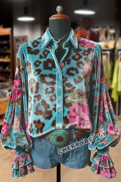 Leopard Floral Print Button Up Velvet Top