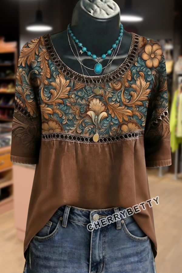 Retro Floral Print Hollow Out Top