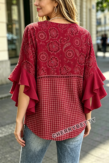 Mixed Paisley Gingham Print Ruffle Sleeve Hollow ut Top