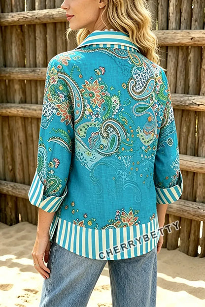 Vintage Paisley Print Striped Collar Blouse