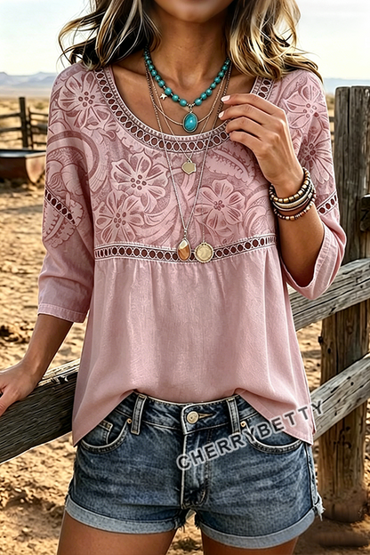 Retro Floral Print Hollow Out Top