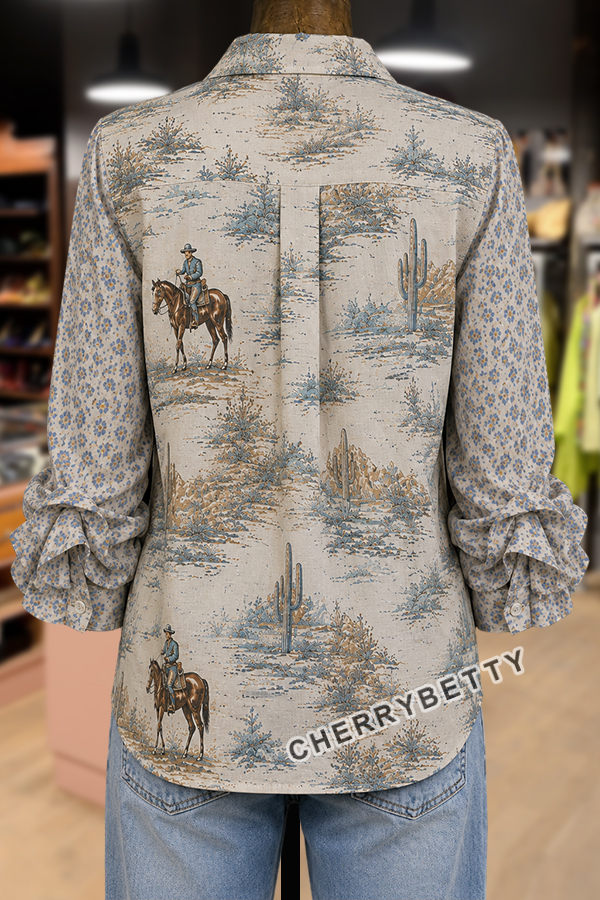 Western Cowboy Print Leopard  Collar Ruffle Sleeve Blouse