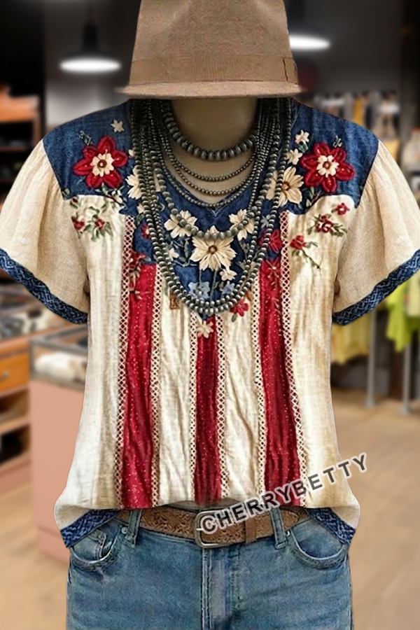 American Flag Striped Floral Embroidered V-Neck Top