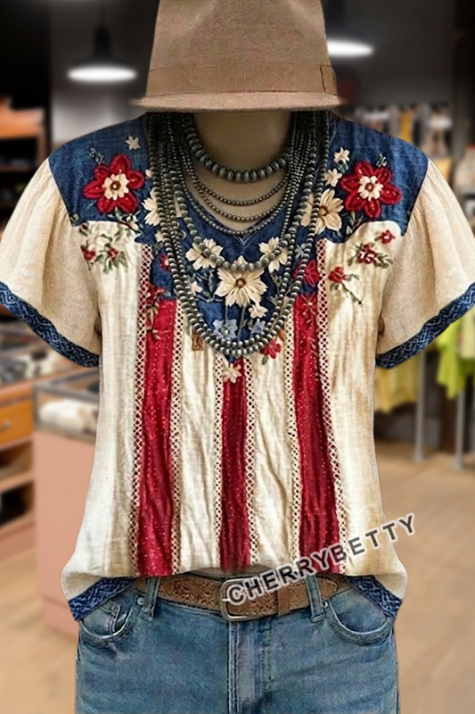 American Flag Striped Floral Embroidered V-Neck Top