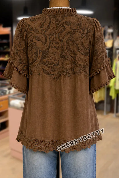 Retro Floral Print Ruffle Sleeve Lace Patch Top