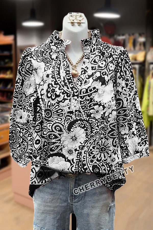 Vintage Floral Print V-Neck Puff Sleeve Top