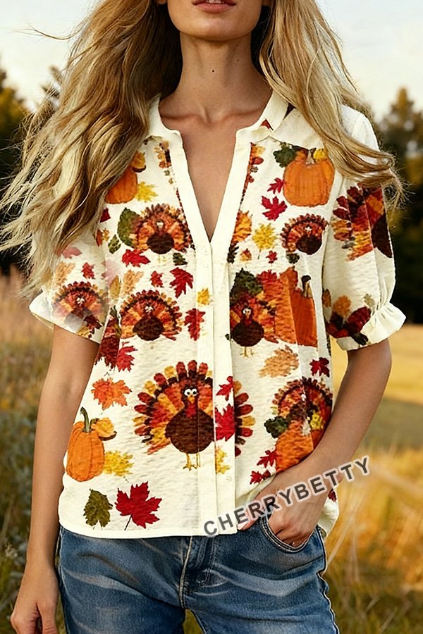 Mixed Turkey Pumpkin Print Puff Sleeve Top
