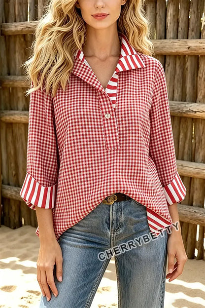 Classic Gingham Pattern Striped Collar Three Quater Sleeve Blouse