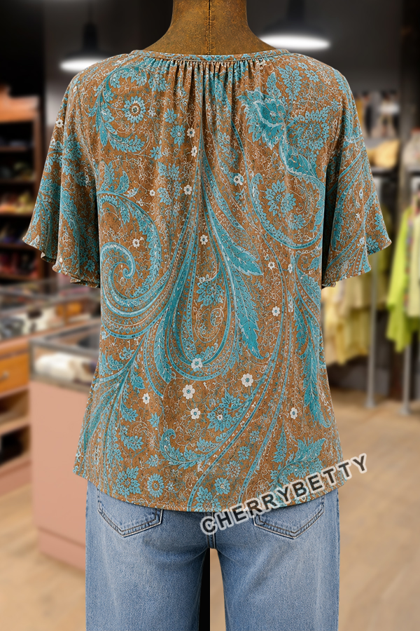 Vintage Paisley Print Gathered Surplice V-Neck Ruffle Sleeve Top