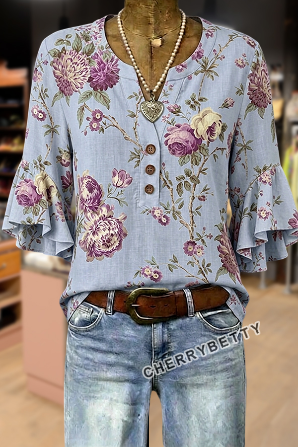 Vintage Floral Print Notch Neck Ruffle Sleeve Blouse