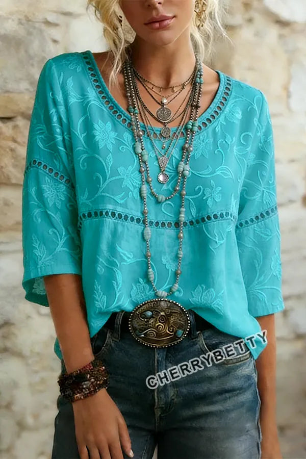 Flower Embroidered Hollow Out Cotton Top
