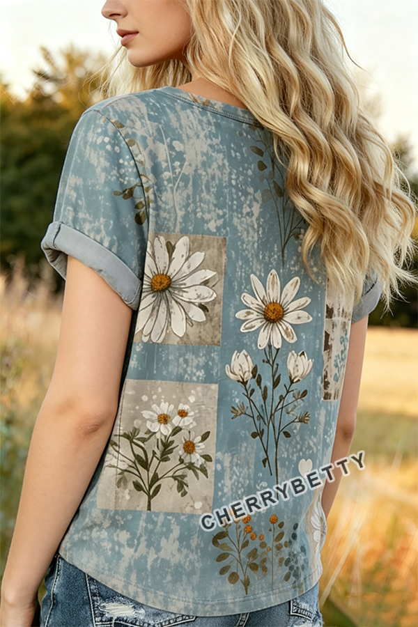 Vintage Daisy Floral Print V-Neck T-Shirt