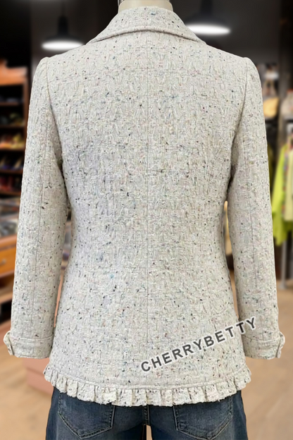 Western Speckled Tweed Ruffle Trim Double Breasted Jacket