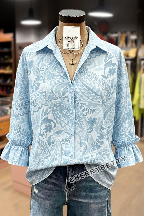 Vintage Paisley Print Ruffle Sleeve Top