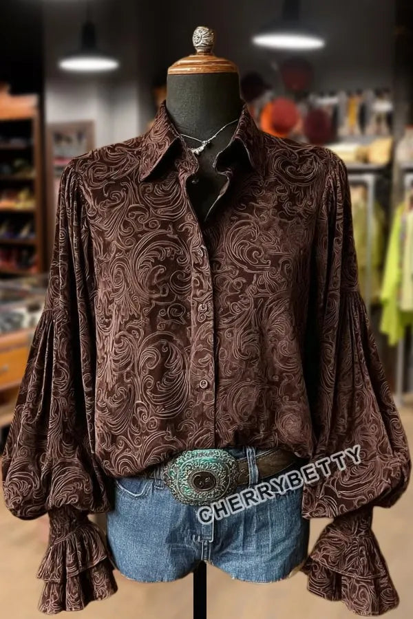 Vintage Floral Print Lantern Sleeve Velvet Top