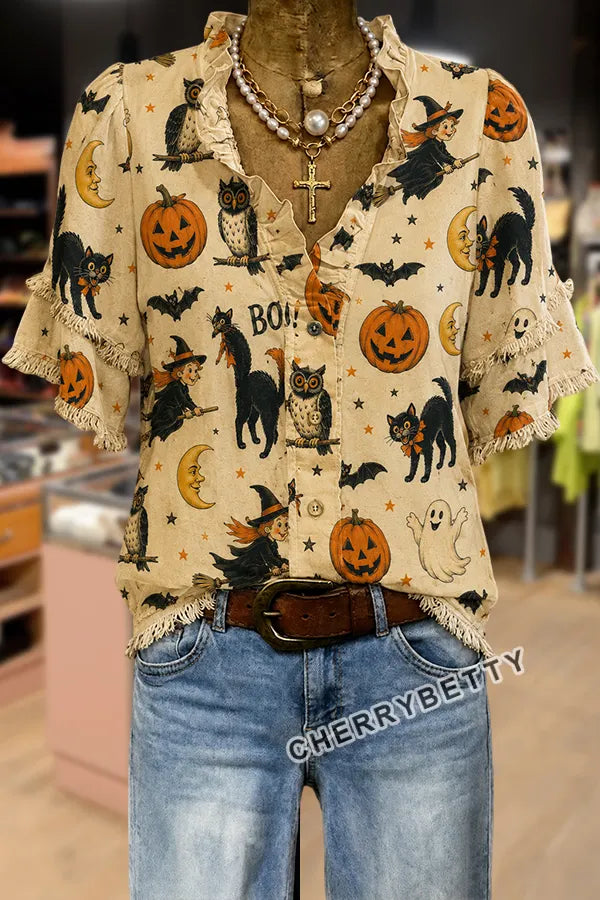Funny Halloween Print Ruffle Neck Frayed Hem Top