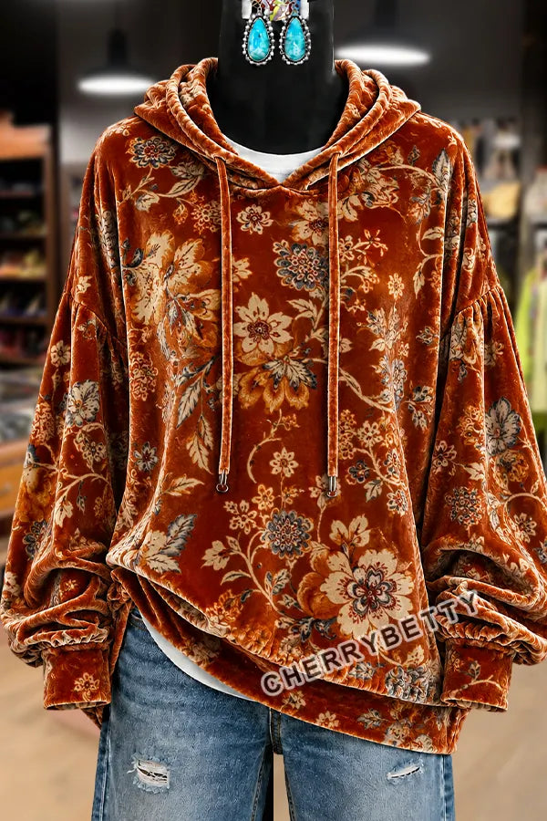Retro Floral Print Long Sleeve Velvet Hoodie Top