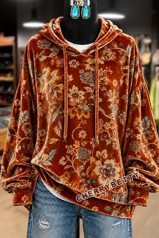 Retro Floral Print Long Sleeve Velvet Hoodie Top