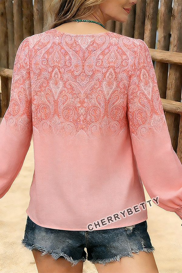 Retro Gradient Paisley Print V-Neck Blouse