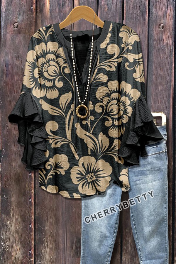 Retro Floral Print Layered Ruffle Sleeve Top