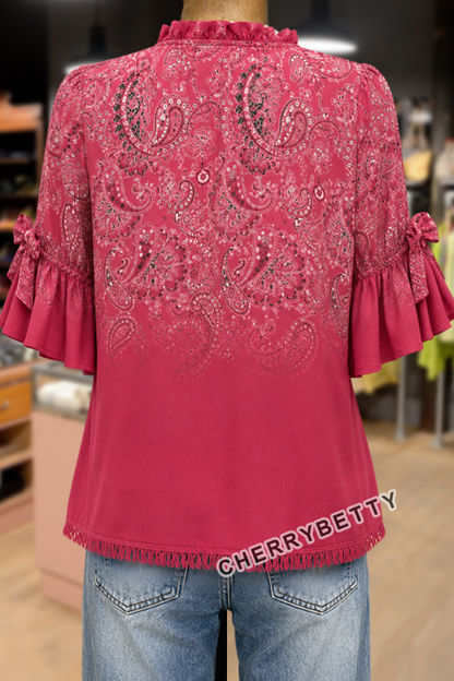 Gradient Paisley Print Bow Decor Half Sleeve Blouse