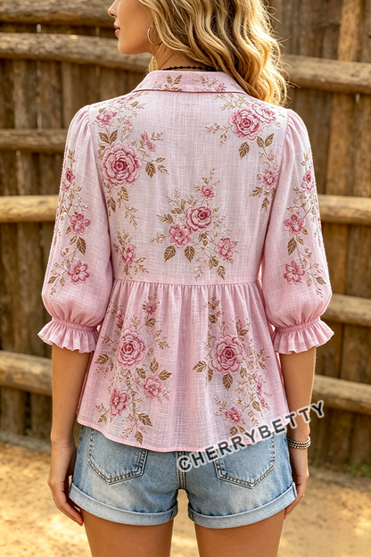 Gradient Boho Floral Print Ruffle V-Neck Puff Sleeve Top