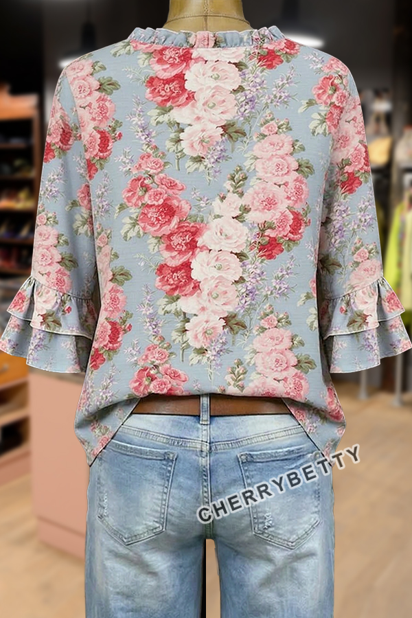 Retro Floral Print V-Neck Ruffle Sleeve Top