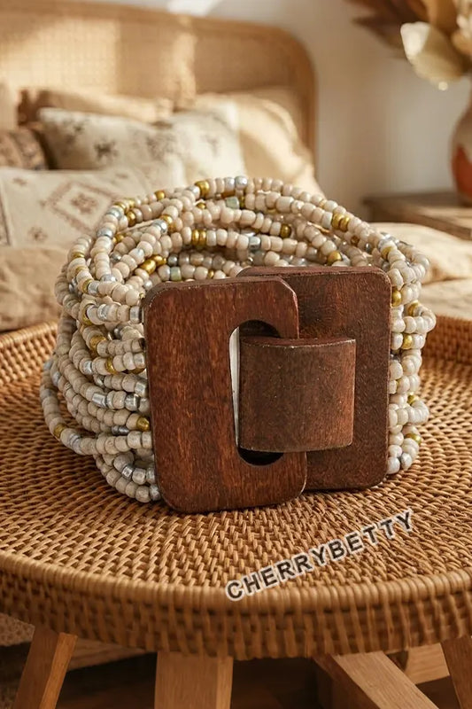 Boho Beaded Wooden Buckle Wide Bracelt
