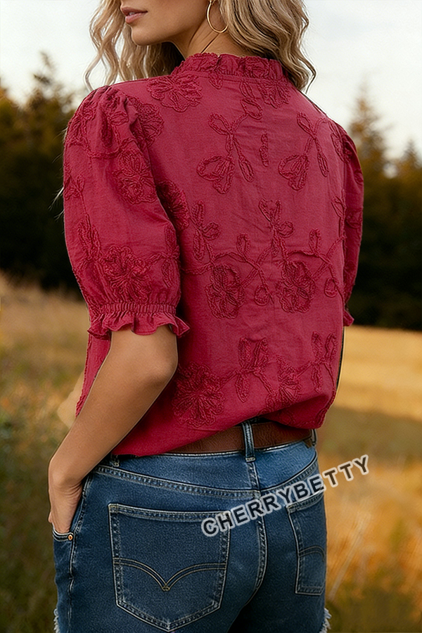 Solid Flower Embroidered V-Neck Cotton Top