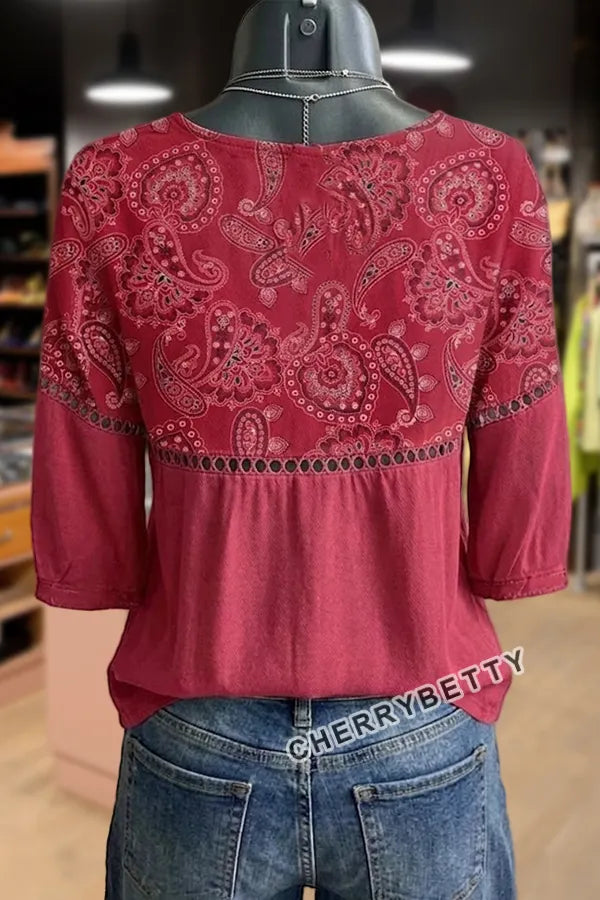 Vintage Paisley Floral Print  Hollow Out Cotton Top