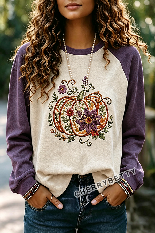 Colorful Floral Pumpkin Embroidered Long Sleeve Halloween Sweatshirt