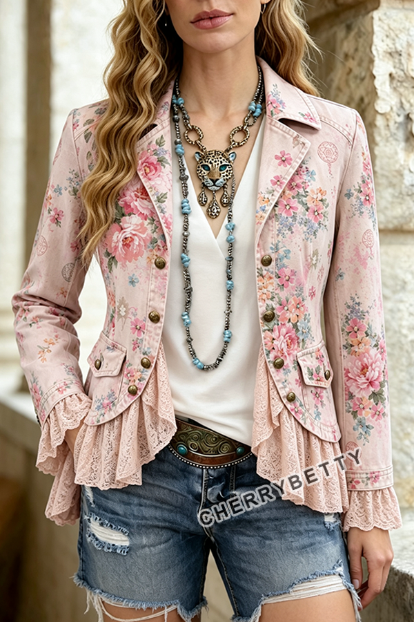 Vintage Floral Print Lace Patch Denim Jacket