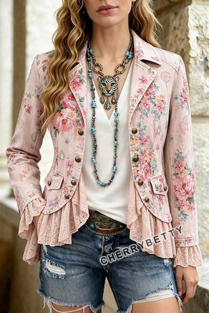 Vintage Floral Print Lace Patch Denim Jacket