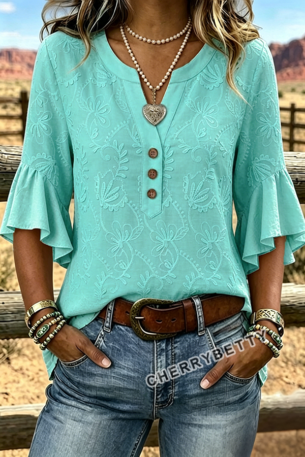 Vintage Flower Embroidered Notch Neck Ruffle Sleeve Blouse