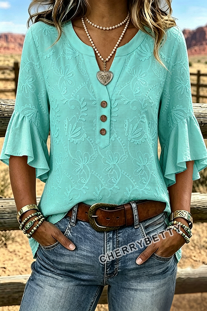 Vintage Flower Embroidered Notch Neck Ruffle Sleeve Blouse