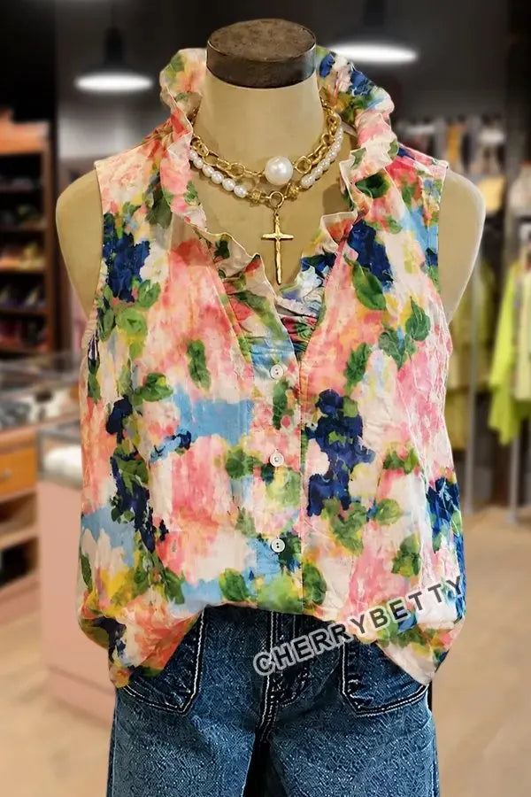 Art Floral Print Ruffle Neck Sleeveless Tank Top