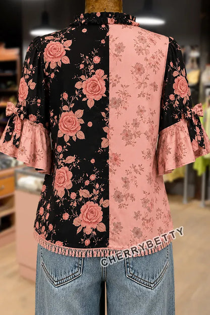 Mixed Floral Print Ruffle Neck Bow Decor Half Sleeve Blouse
