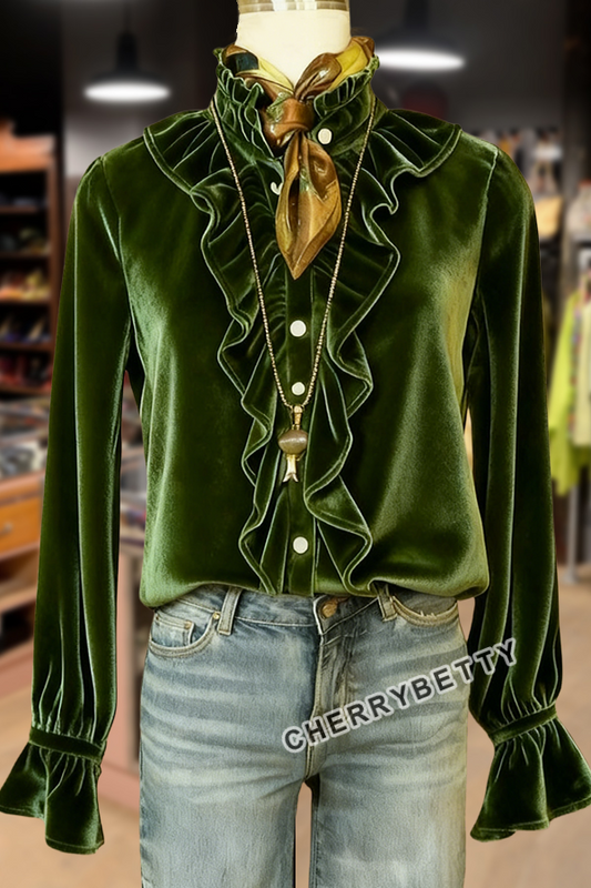 Elegant Ruffle Neck Long Sleeve Sleeve Velvet Top
