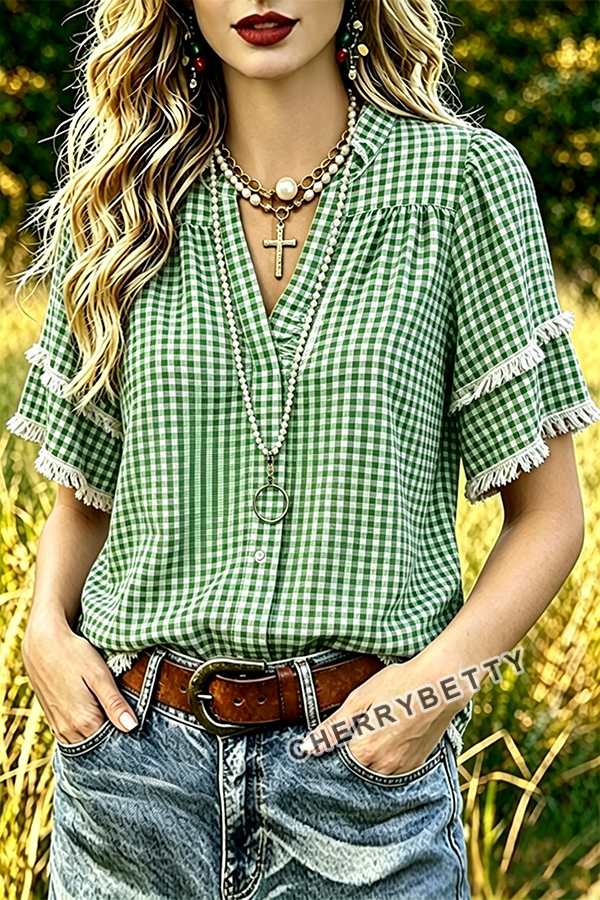 Classic Gingham V-Neck Frayed Hem Cotton Top