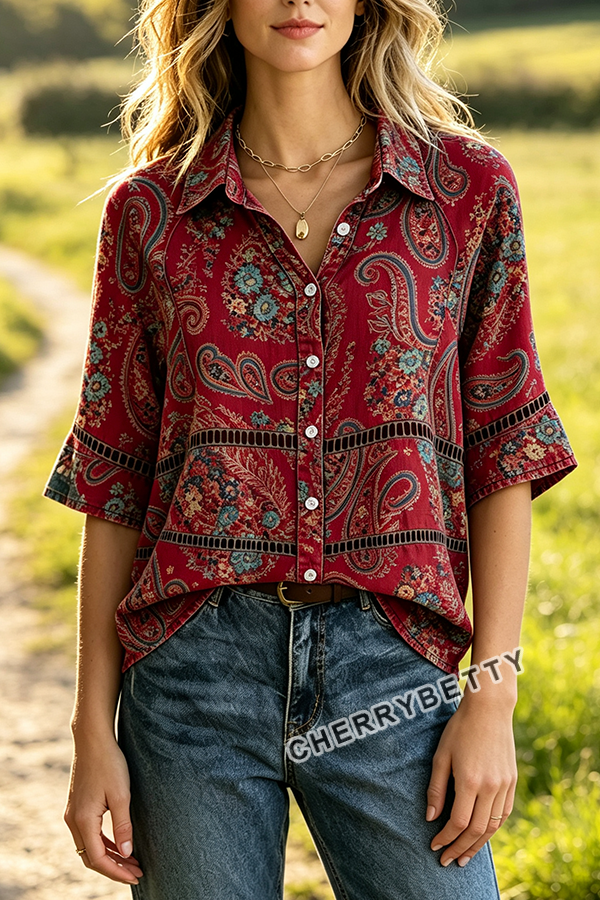 Retro Paisley Print Hollow Out Collared Top