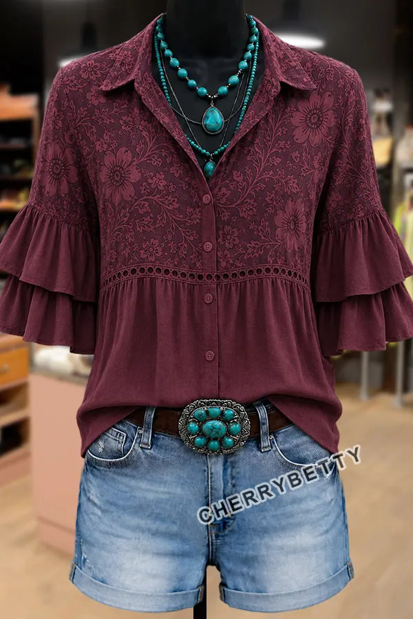 Gradient Floral Print Layered Ruffle Sleeve Hollow Out Blouse