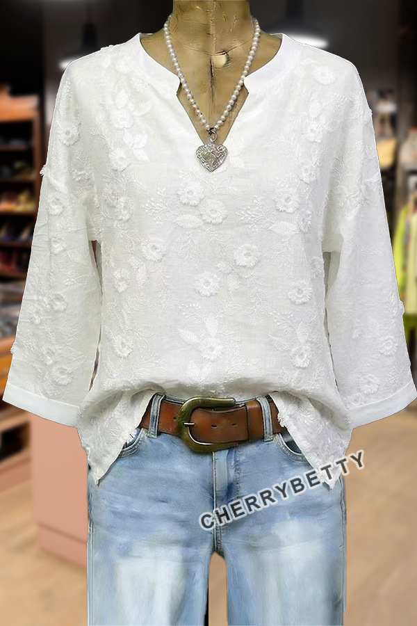 Vintage Floral Embroidered Notch Neck Half Sleeve Blouse