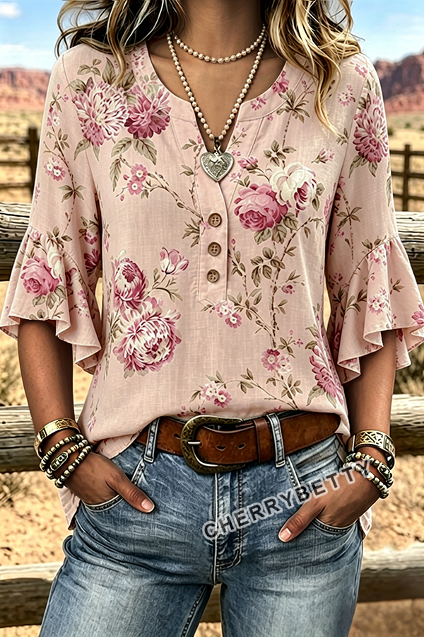 Vintage Floral Print Notch Neck Ruffle Sleeve Blouse