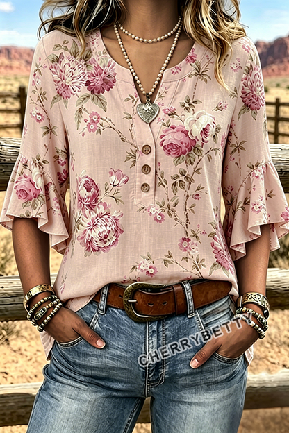 Vintage Floral Print Notch Neck Ruffle Sleeve Blouse