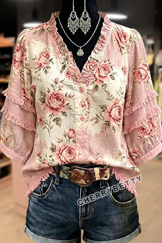 Vintage Rose Print V-Neck   Frayed Hem Top