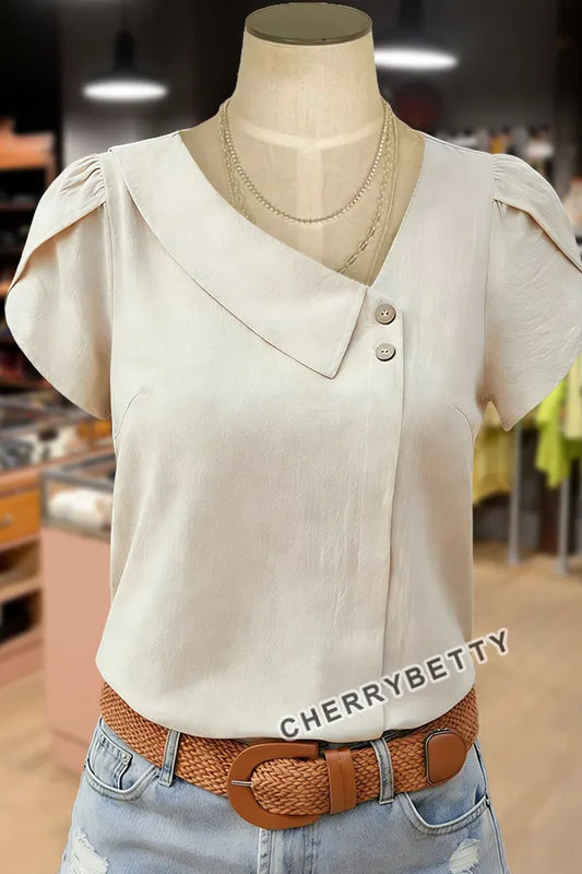 Solid Asymmetrical Neck Short Sleeve Top